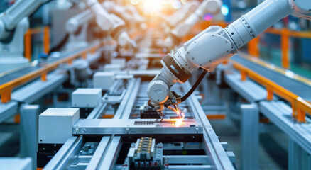 A photo of an advanced technology production line with robotic arms working on electronic components, illustrating the integration and polarization between robotics and global high-tech industrial - obrazy, fototapety, plakaty