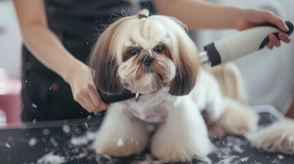 A groomer blow-drying a fluffy Shih Tzu, creating a fluffy and elegant look, with the dog looking...