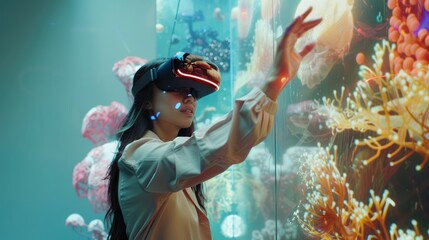 A girl exploring augmented reality world, future technology concept
