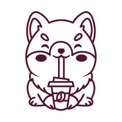 Clip art, icon, cartoon mascot, coloring book with Shiba Inu dog and bubble tea