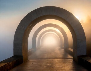 Sunrise in a tunnel with a fog on the surface of the road