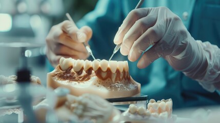 A dental technician working on a dental prosthesis in a dental laboratory, demonstrating dental prosthetics fabrication.
