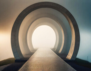 tunnel in a foggy morning, perspective view, long exposure