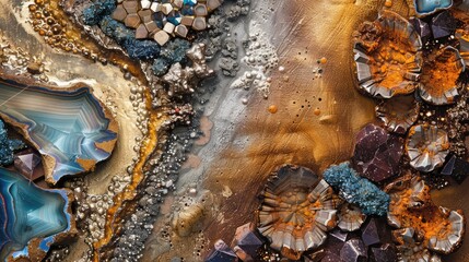 A composition featuring a mix of metallic materials and precious stones, creating a stunning contrast of textures and colors.