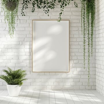Frame mockup, white floor brick background with hanging plants, home interior, 3D rendering