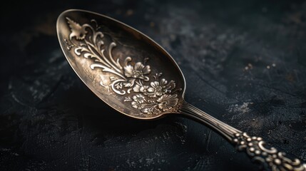 A close-up view of a silver spoon with intricate patterns, highlighting the craftsmanship and beauty of the metal.
