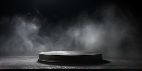 Black pedestal with smoke on dark background for product presentation mock up - obrazy, fototapety, plakaty