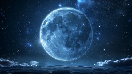 Blue full moon with light shining through Dark background full of stars.