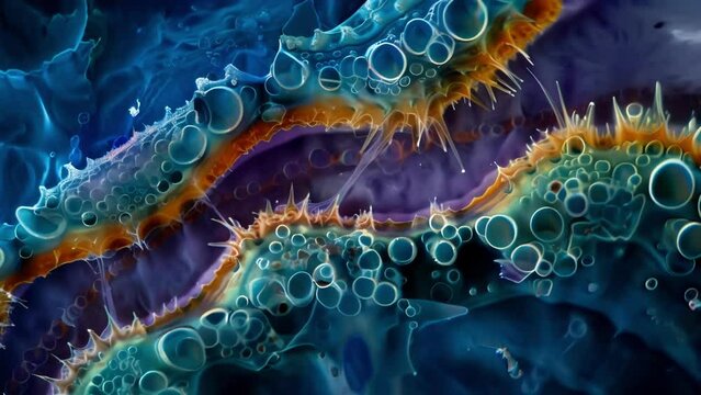 A stained microscopic image revealing the intricate internal structures of a parasitic larva depicting the complex life processes . AI generation.