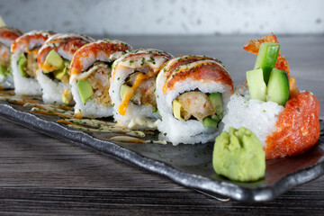 A closeup view of a spicy tuna roll.