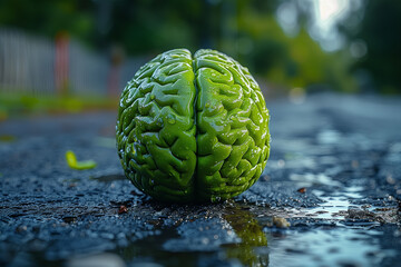Close up of a green brain on a wet asphalt with raindrops