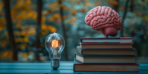 Brainstorming concept with lightbulb and books.