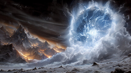 Fantasy landscape with planet and snowy mountains.