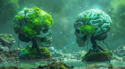 Skulls with green moss in the brain.