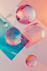 Colorful translucent spheres and shapes on gradient background. Soft, pastel-colored spheres with varying opacity overlap on a smooth blue to pink gradient backdrop, creating a dreamy, ethereal vibe - 771217905