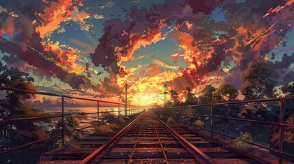 Sunset on railway with vibrant anime-style clouds. Digital art concept. Dreamy adventure and escapism theme. Design for book cover, animated movie poster. - obrazy, fototapety, plakaty