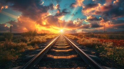 Sunset railway journey with dramatic cloudscape. High-dynamic-range landscape photography. Travel and exploration concept. Design for travel agency banner, adventure blog header. - obrazy, fototapety, plakaty