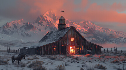 old wooden church in the mountains at sunset
