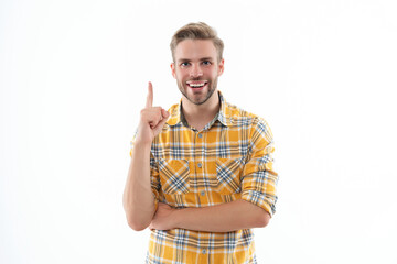 Face portrait. Caucasian casual guy. Man in checkered shirt isolated on white. Smiling man inspired...