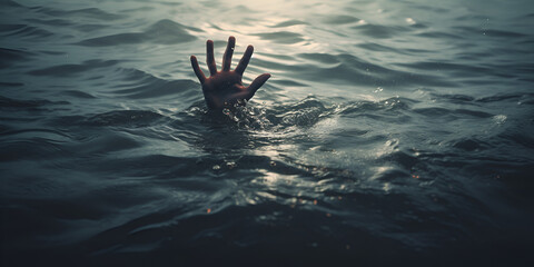 Power of human kindness hand reaching out to a drowning man - obrazy, fototapety, plakaty