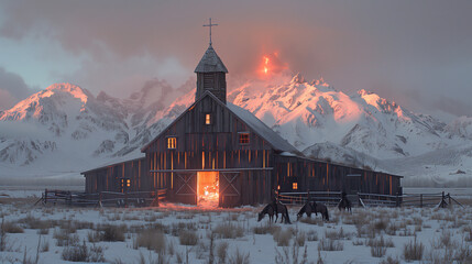 Old wooden church in the snowy landscape at sunset, Iceland,