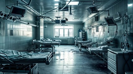 Interior of a hospital room with empty beds and medical equipment. - obrazy, fototapety, plakaty