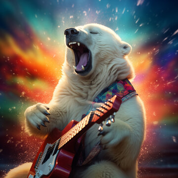 Polar bear playing electric guitar and singing against starry space background