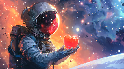 Astronaut floating in space holding glowing heart, love to the universe on valentines day or Cosmonautics day. Greeting card, poster design. environment, Earth protection concept. Copy space - obrazy, fototapety, plakaty