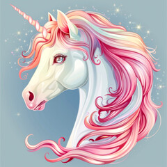 cute rainbow Pegasus unicorn, Rainbow colors Hair, fantasy magic unicorn with mane and horn on heaven background. Close up.