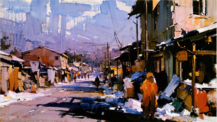 Fototapeta premium Urban slums, Loosely abstract painting, Stylized digital art painting.
