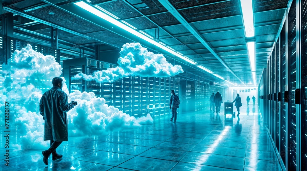 Poster cloud computing technology concept with man using tablet computer in server room.