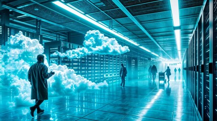 Cloud computing technology concept with man using tablet computer in server room.