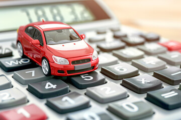 Red toy car on calculator, auto tax and financing, insurance and loans, concept of savings money on vehicle purchase