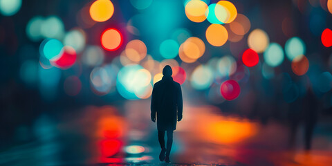 man stands in the rain in front of a street with cars and a street light - obrazy, fototapety, plakaty