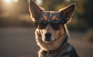 A canine donning shades and gazing directly at the camera , detailed