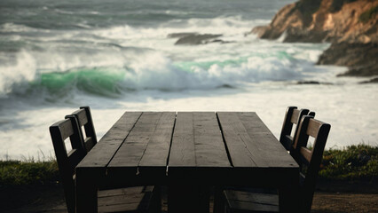 wooden pier on the beach An empty dark wooden table positioned against a backdrop of crashing waves...