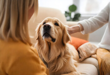 Young blonde female and golden retriever shared moments, interaction together during leisure time at cozy apartment - obrazy, fototapety, plakaty
