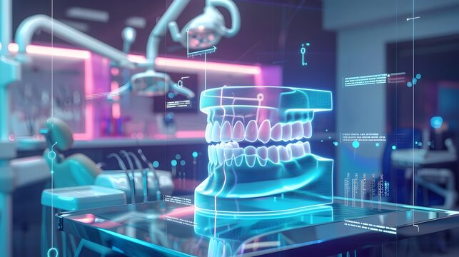 Futuristic Dental Check-up with Holographic Teeth Analysis and Non-Invasive Treatment Options