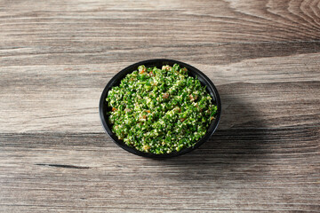 A view of a bowl of tabbouleh.