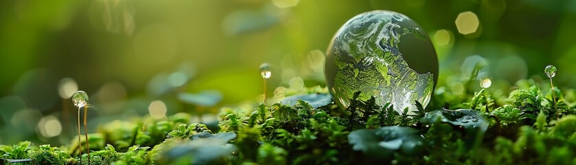 Earth shaped locket on moss, surrounded by dew drops, early morning, macro, vibrant green