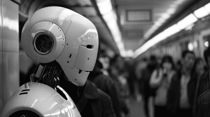 Robot in the subway. Black and white photo. Selective focus.