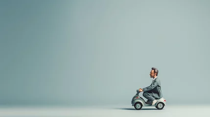 Selbstklebende Fototapeten Businessman riding a scooter on grey background with copyspace © bahadirbermekphoto