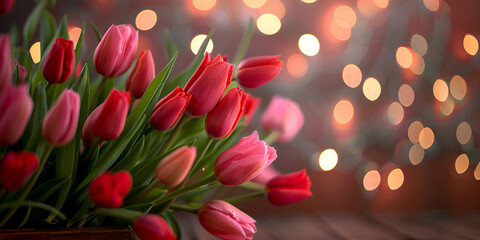 tulip flower bouquet with bokeh lights background brighten up your day with flowers  - obrazy, fototapety, plakaty