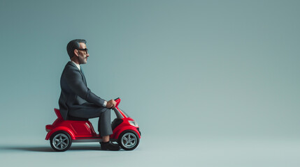 Businessman riding a red toy car on a blue background.