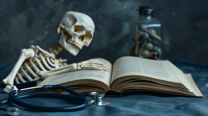 Stethoscope, books and skull on a dark background. Medical concept.
