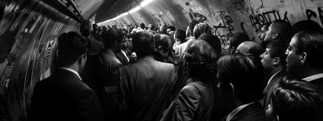 Dramatic black and white image of a group of people waiting for a train in a tunnel