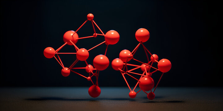 red molecule structure with many spheres molecular structures forming a heart