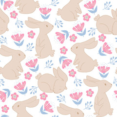 Bunnies and flowers, spring and Easter seamless pattern