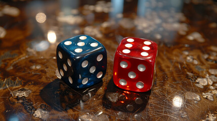 Two red and blue dices on a wooden table. Selective focus.
