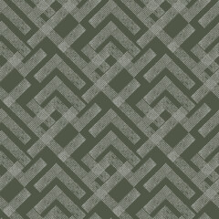 Seamless monochrome textured geometric pattern, dark grey-olive background. - 771224906